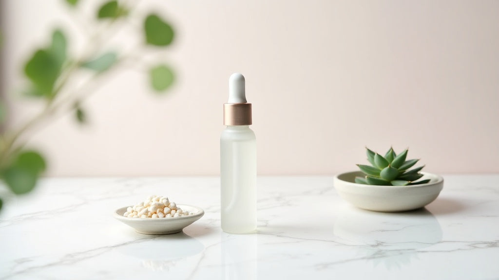 Acne spot treatment UK flat lay with glass bottle and cotton buds on marble