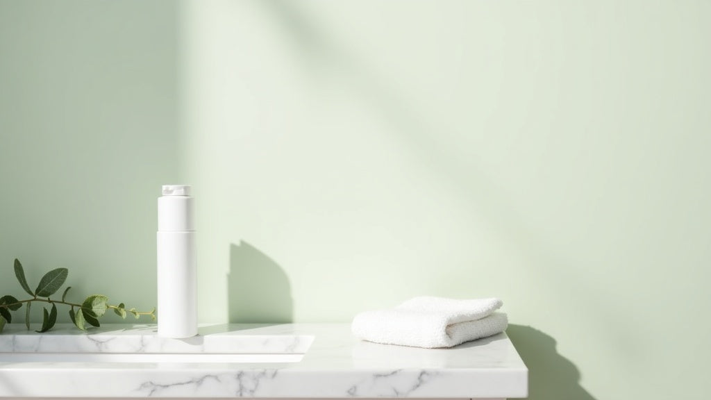 Sulphate free shampoo bottle on marble vanity with eucalyptus leaves