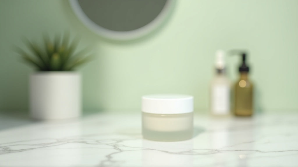 Cica cream for acne scars on a marble vanity with succulent