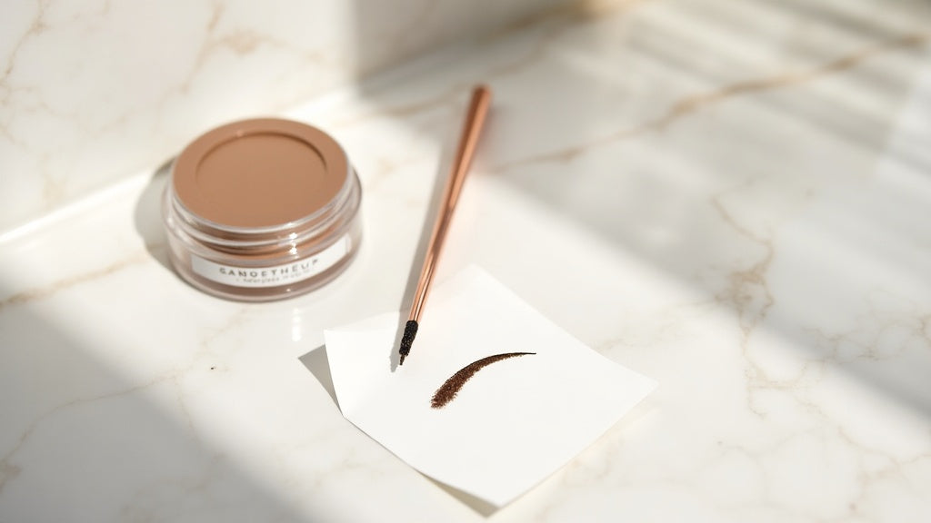 Eyebrow stamp UK on marble vanity with stencil and powder pot