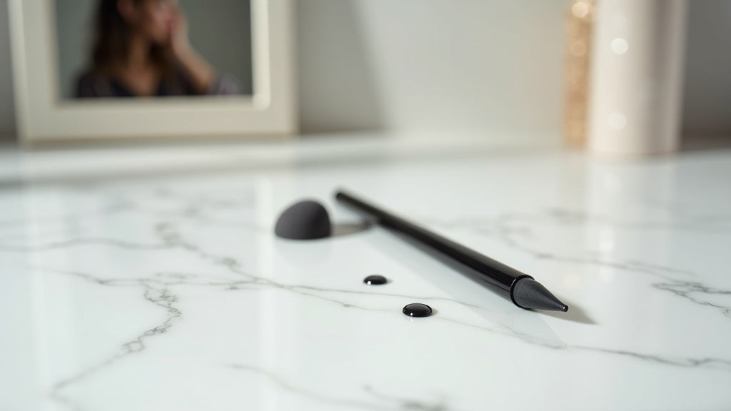 Long lasting eyeliner UK on a marble vanity with a makeup sponge and water drop, representing waterproof wear.