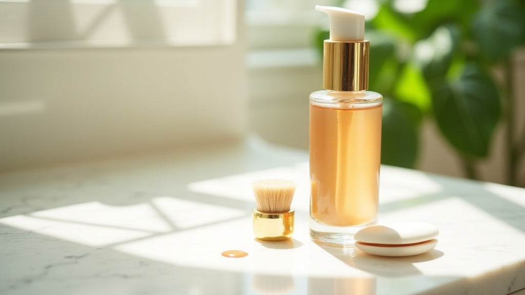 Streak-free tan UK essentials on a marble vanity