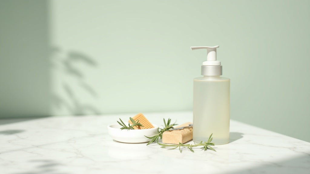 Scalp shampoo UK on marble vanity with rosemary and eucalyptus