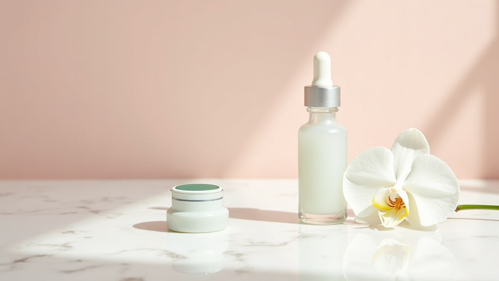 Chemical exfoliant products on a marble vanity with orchid