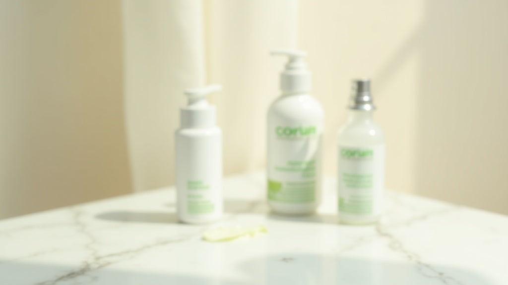 White moisturiser bottle on marble vanity for dry skin UK