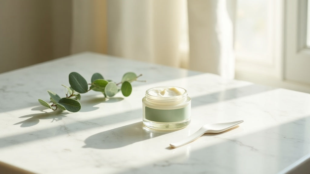 Moisturiser for dry skin UK - glass jar of cream on marble vanity
