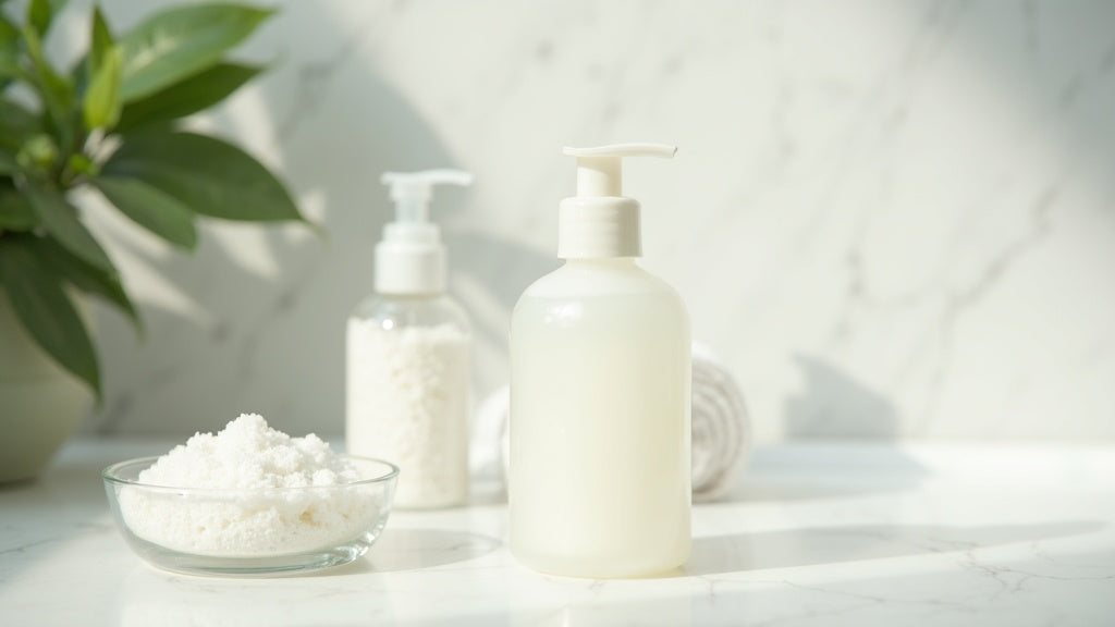 How to exfoliate skin UK – physical vs chemical exfoliant comparison on marble vanity with skincare products