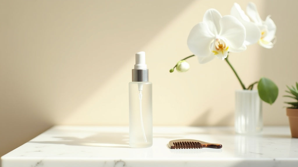 Protein hair treatment UK serum on marble vanity with natural light
