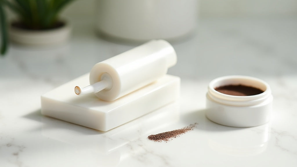 Eyebrow stamp kit on marble vanity with tinted powder – best eyebrow stamp UK