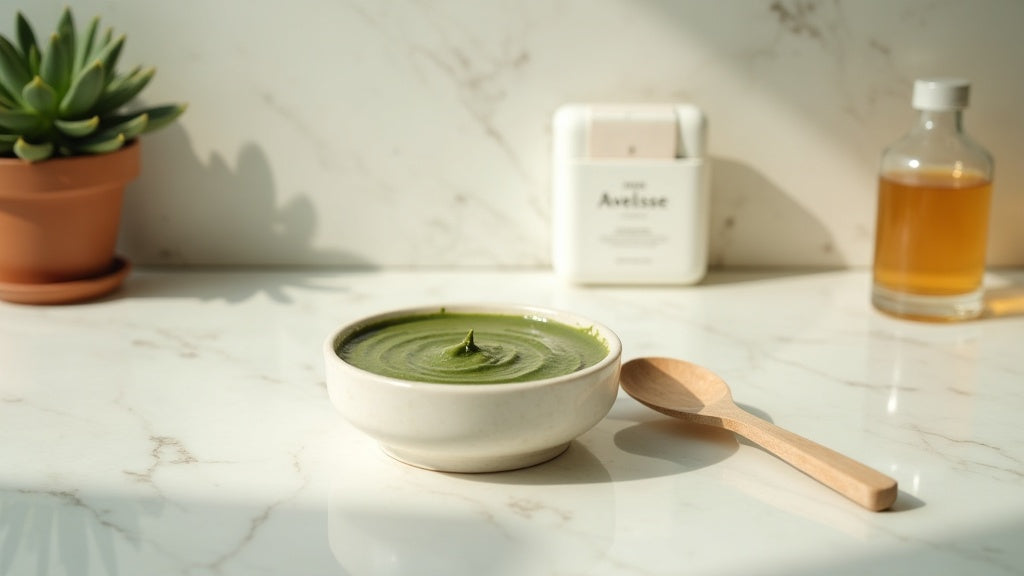 Clay mask for oily skin UK application on a marble vanity with natural light