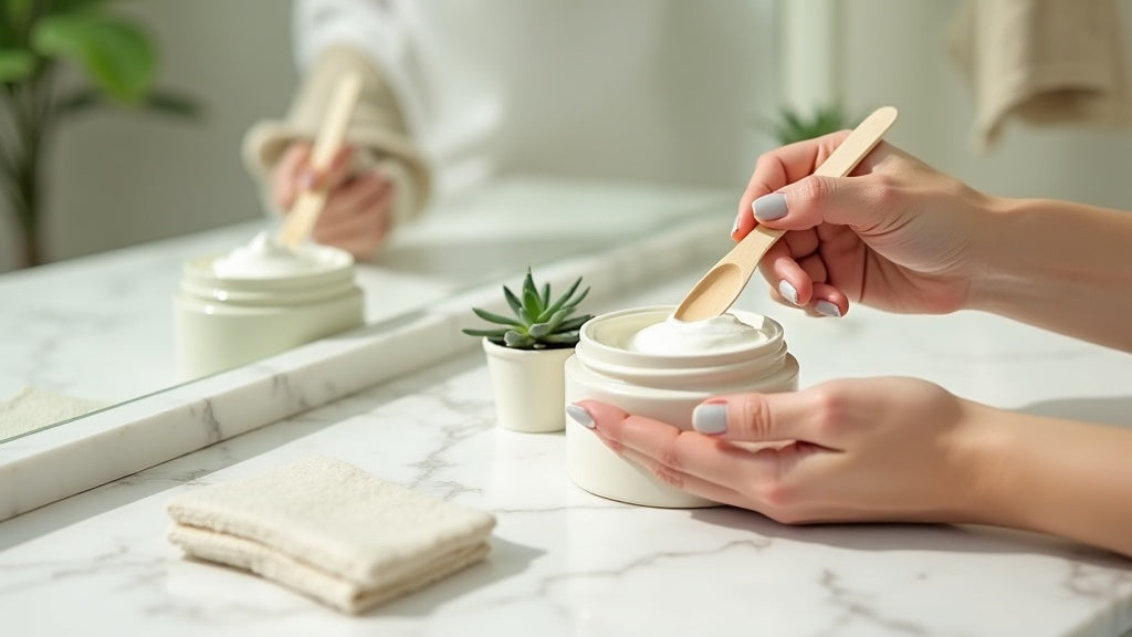 Applying a white clay face mask as part of a face mask skincare routine UK