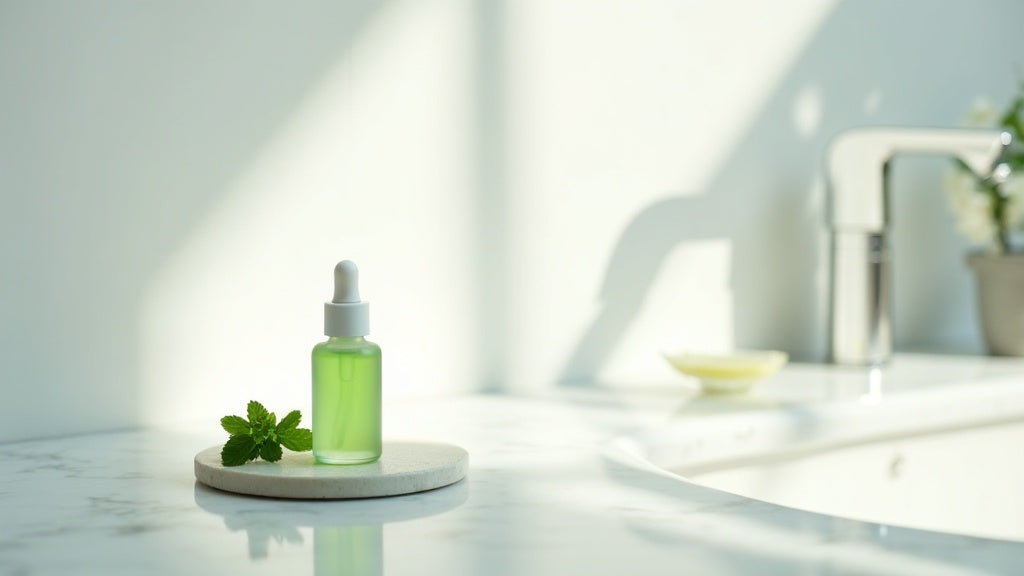 A serum for oily skin UK in a glass dropper bottle on a marble vanity, representing balanced shine control.
