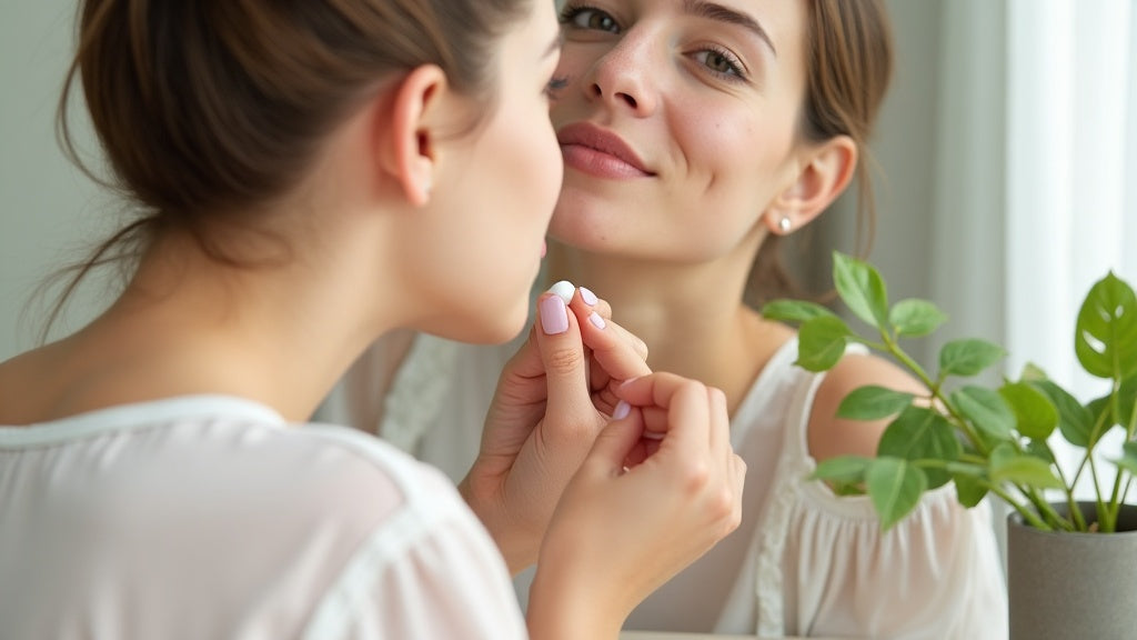 Woman applying cica cream blemish treatment on chin in bright bathroom