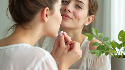 Woman applying cica cream blemish treatment on chin in bright bathroom
