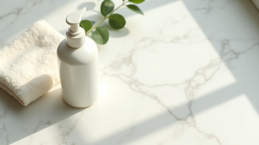 Moisturising body wash UK bottle on marble with towel and eucalyptus leaf