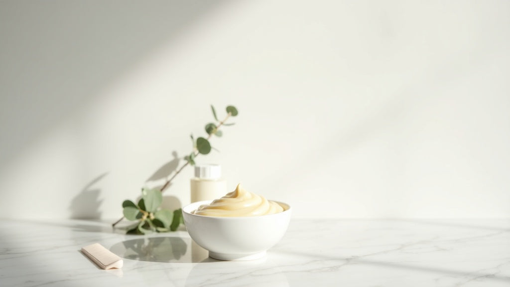 Deep conditioner in a white bowl on marble vanity with comb and water spray