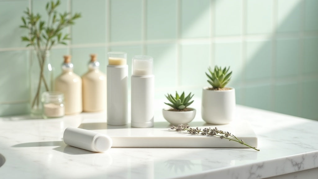 Best natural deodorant UK products on marble vanity with lavender and bamboo