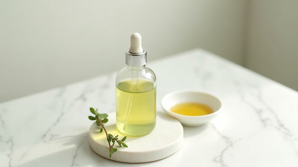 Serum for oily skin UK rest on marble vanity with eucalyptus sprig