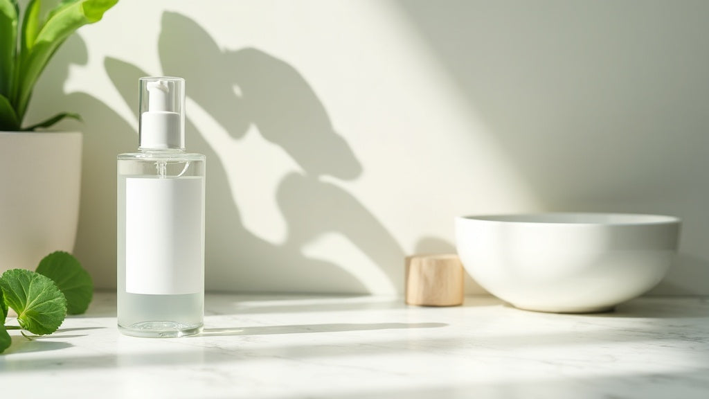 Alcohol-free toner on a marble vanity with green leaves