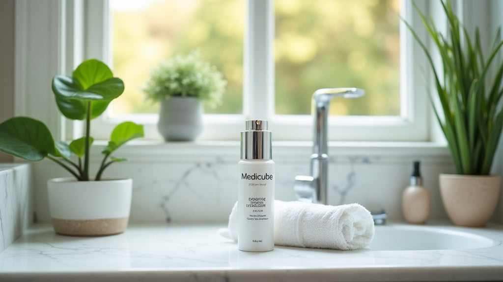 Medicube Drying Lotion bottle on marble bathroom counter