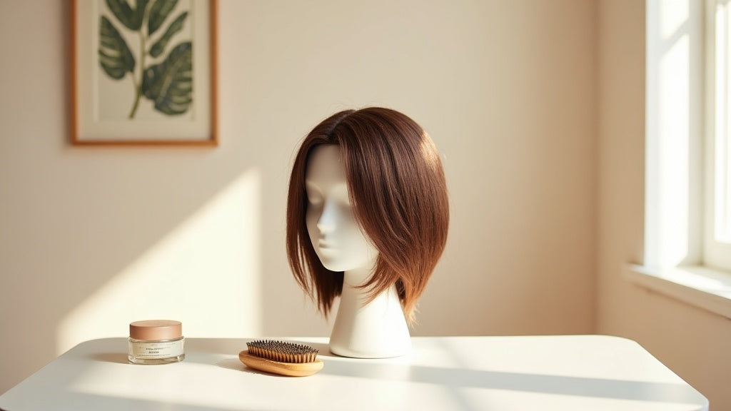 Natural looking wigs UK on a mannequin head with brush and wig care product on vanity