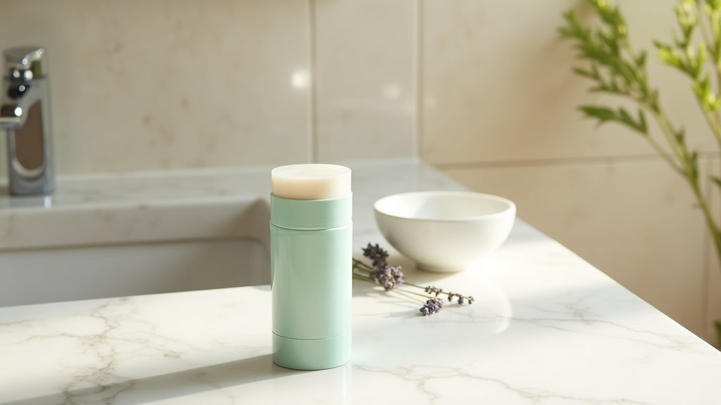 Aluminium free deodorant UK on marble vanity with lavender, natural light