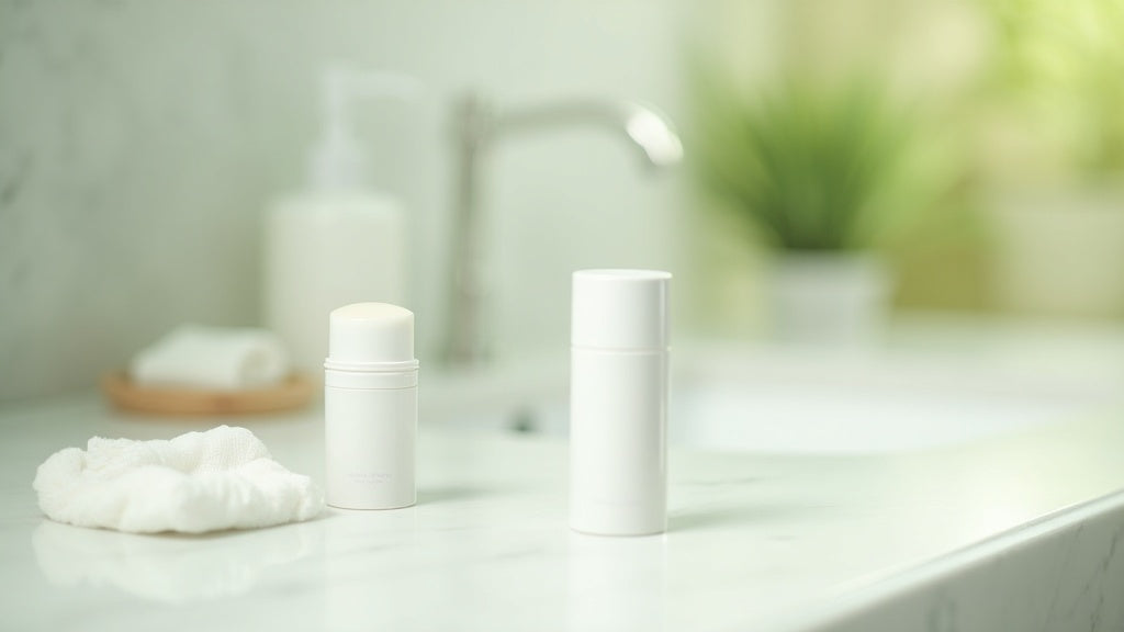 Deodorant vs antiperspirant UK comparison on marble vanity