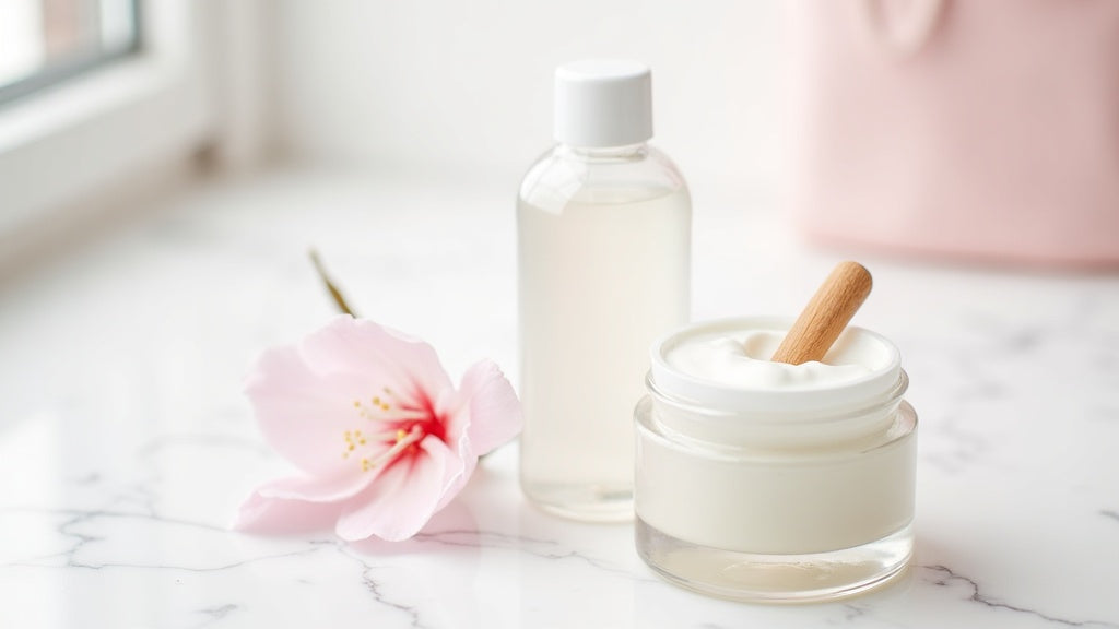 Flat lay of Korean skincare products on white marble, glass skin concept, Korean skincare UK