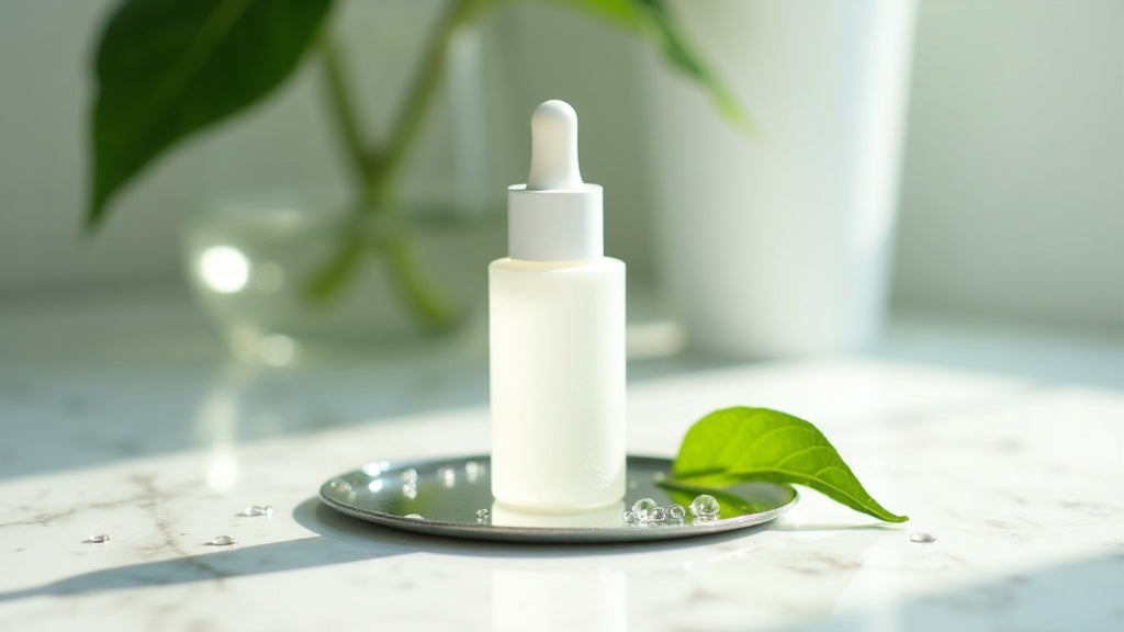 Hyaluronic acid serum UK on marble vanity with dewy droplets and green leaf