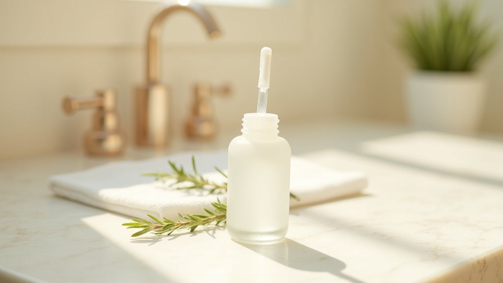 Protein hair treatment UK product on marble vanity with rosemary