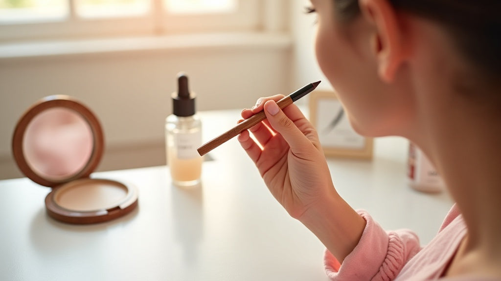 Liquid vs pencil eyeliner UK comparison on a vanity with mirror reflection