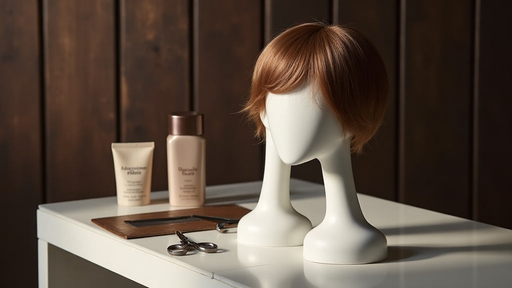 Best wigs UK - natural-looking lace front wig on mannequin head with styling tools