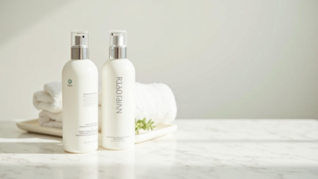 Kerafactor vs Nioxin shampoo bottles side by side on a marble vanity