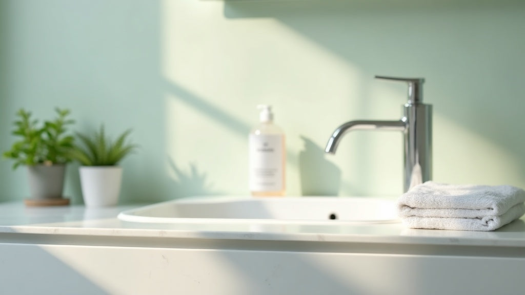 shampoo for damaged hair UK – minimalist bathroom scene with shampoo bottle