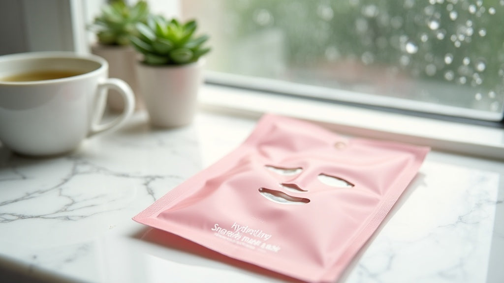 Hydrating sheet mask UK on marble vanity with tea and succulent