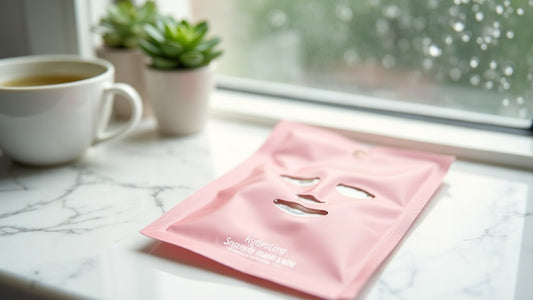 Hydrating sheet mask UK on marble vanity with tea and succulent