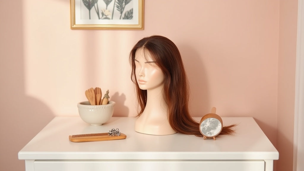 A natural-looking lace-front wig on a mannequin head at a vanity - best wigs UK
