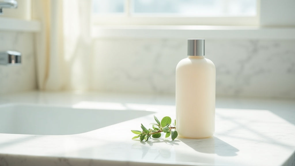 Sulphate free shampoo UK bottle on marble vanity with eucalyptus