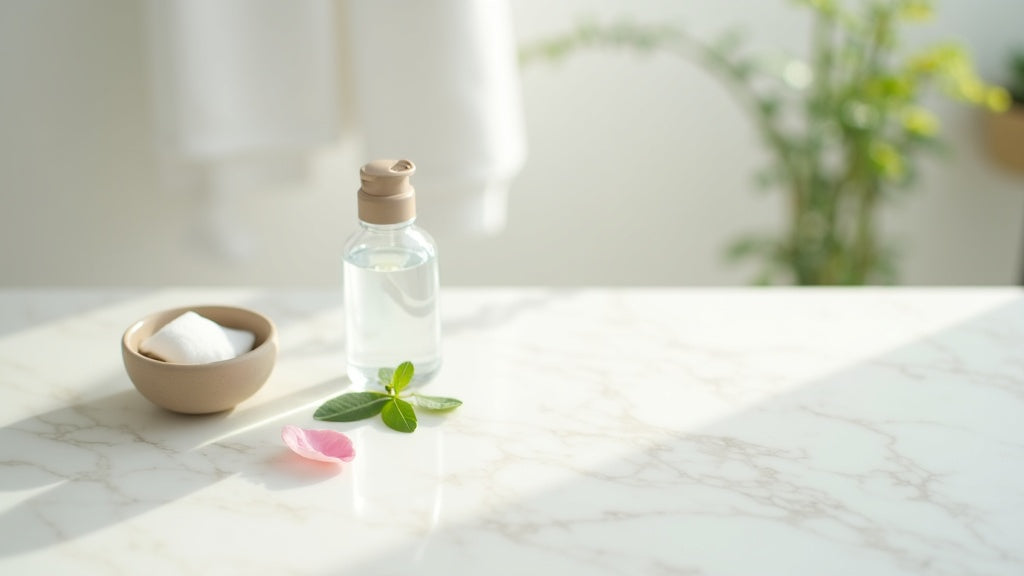 Chemical exfoliant UK glycolic acid toner on marble vanity with cotton pad