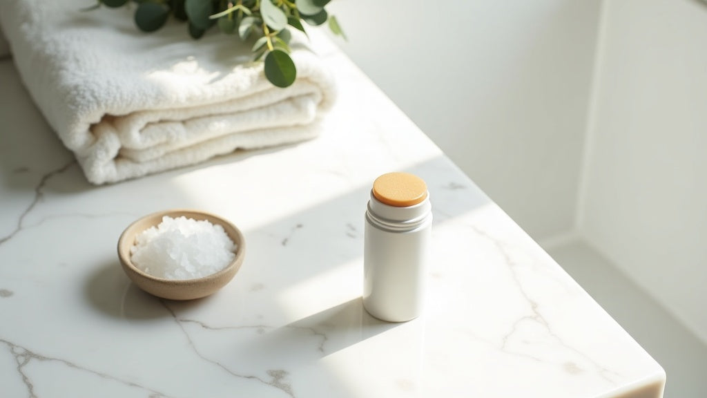 Aluminium free deodorant UK routine on marble vanity with eucalyptus