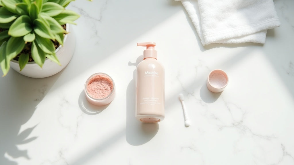Medicube drying lotion bottle on white marble counter with cotton bud and pink powder