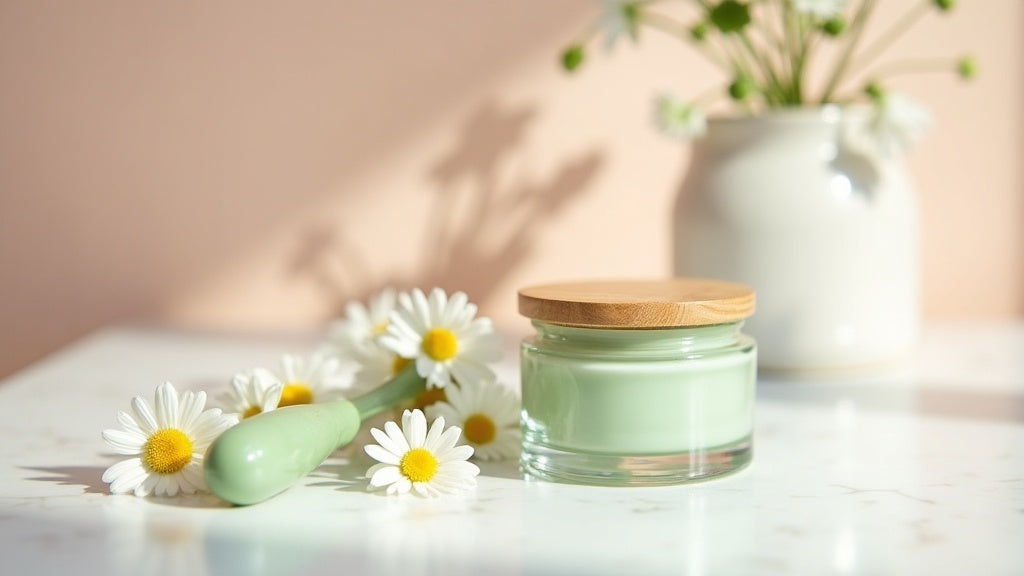 Redness calming cream UK on marble vanity with chamomile and jade roller