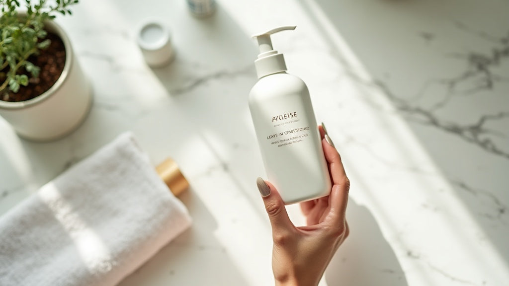 Leave-in conditioner UK on marble vanity with eucalyptus sprigs