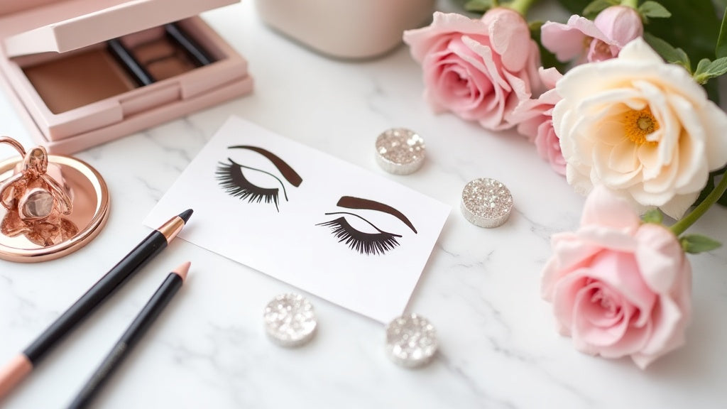 Eyebrow stamp stencil kit with brow pencil and mirror on marble vanity