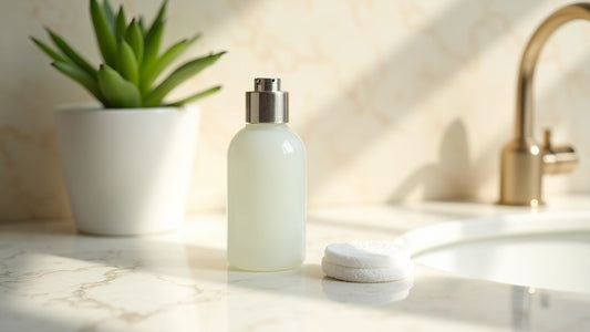 How to use facial toner UK - glass toner bottle and cotton pad on marble vanity