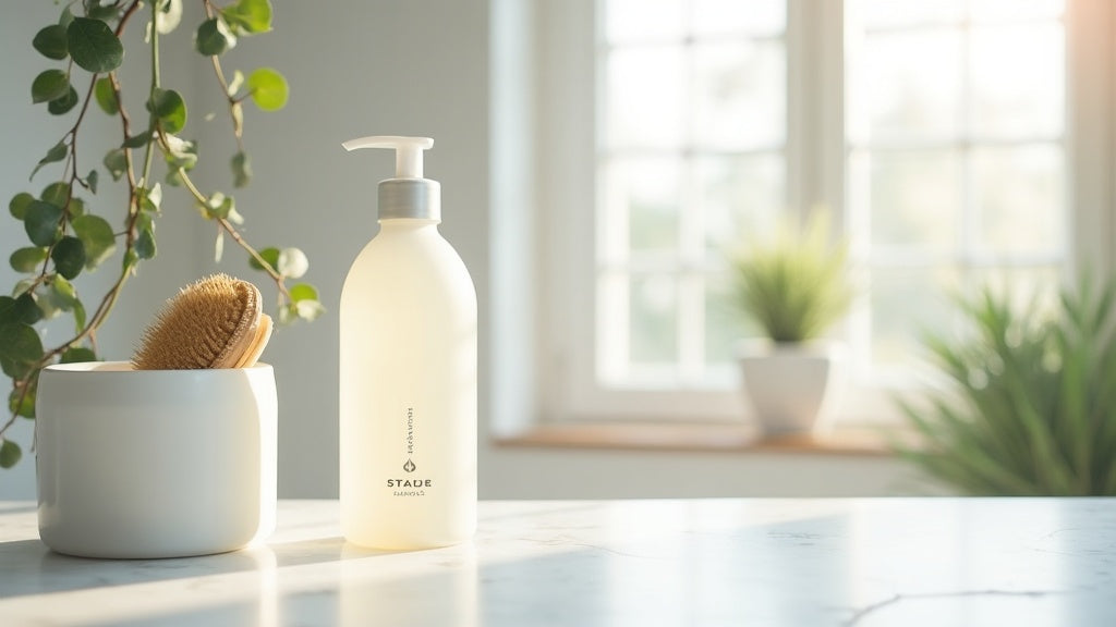 A stylish scalp shampoo UK product on a marble vanity in a bright bathroom