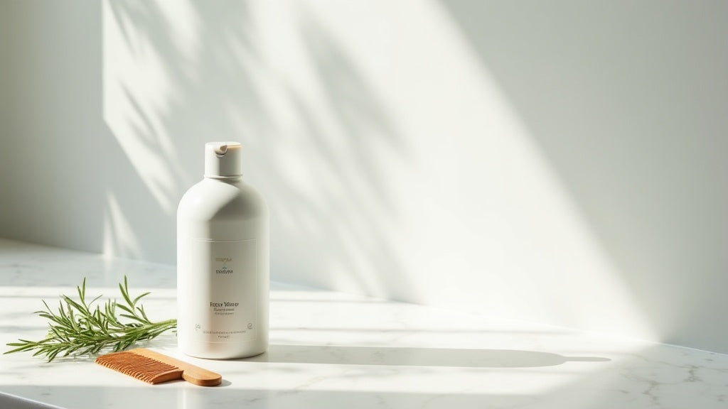 shampoo for hair growth UK on marble vanity with rosemary