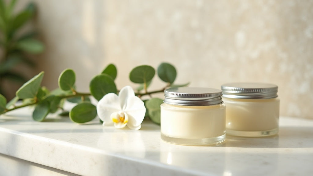 Best skin cream UK — three glass jars of moisturiser on a marble vanity with eucalyptus leaves.