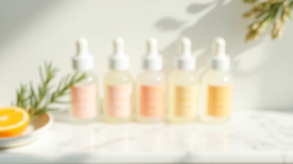 Six vitamin C serums on marble vanity – best vitamin C serum benefits UK