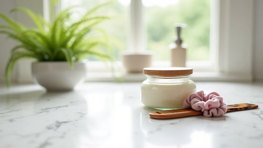 Deep conditioner in a glass jar on a marble vanity with a fern – UK hair care essential
